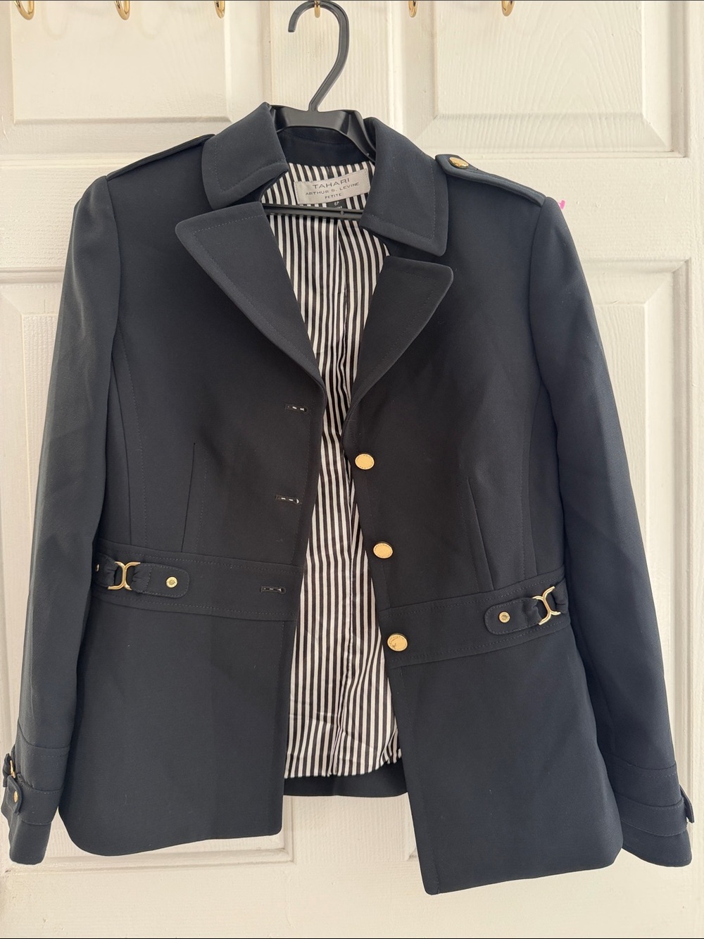 Tahari Black Military-Style Trench Coat with Gold Buttons